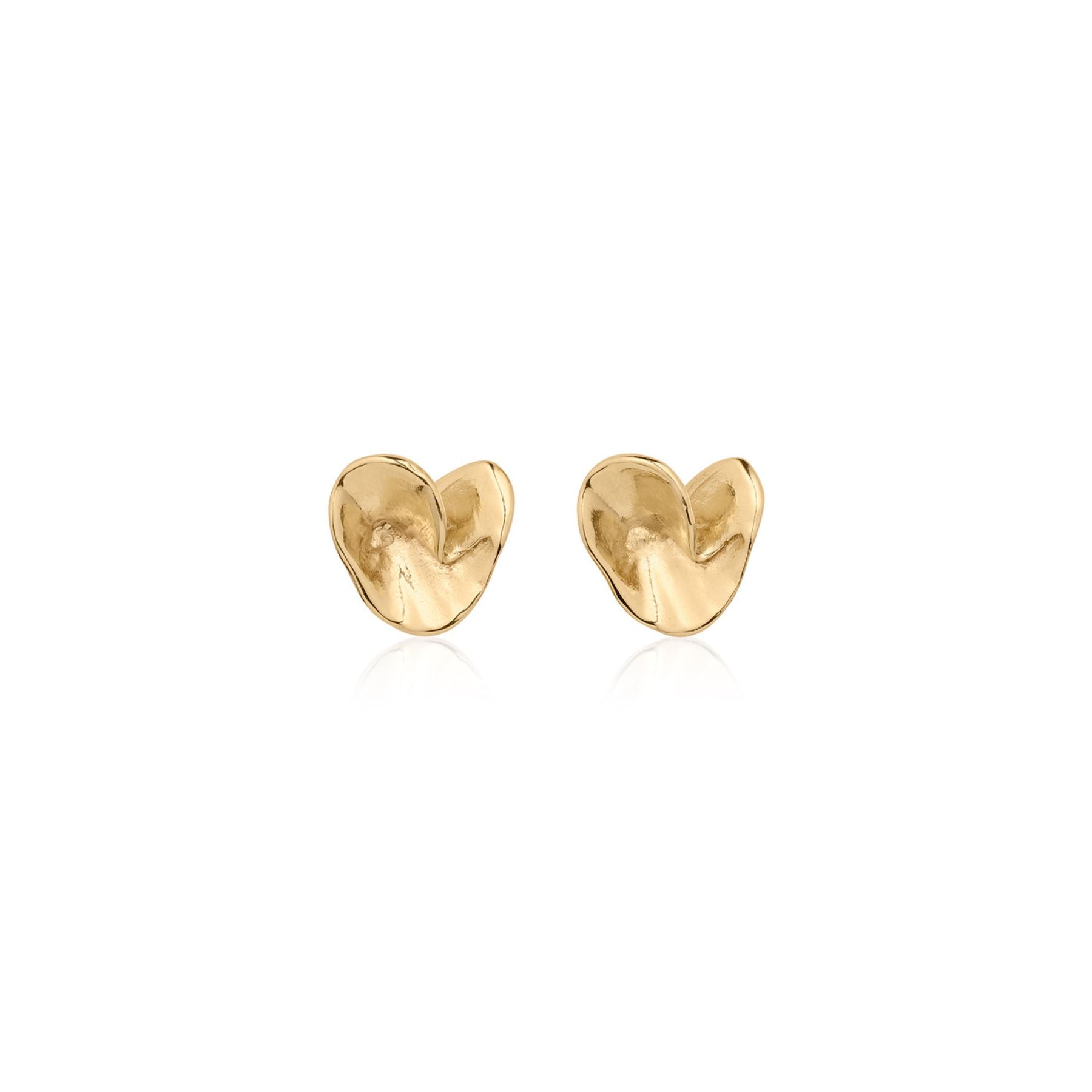Organically textured folded heart stud earrings in 14 karat yellow gold