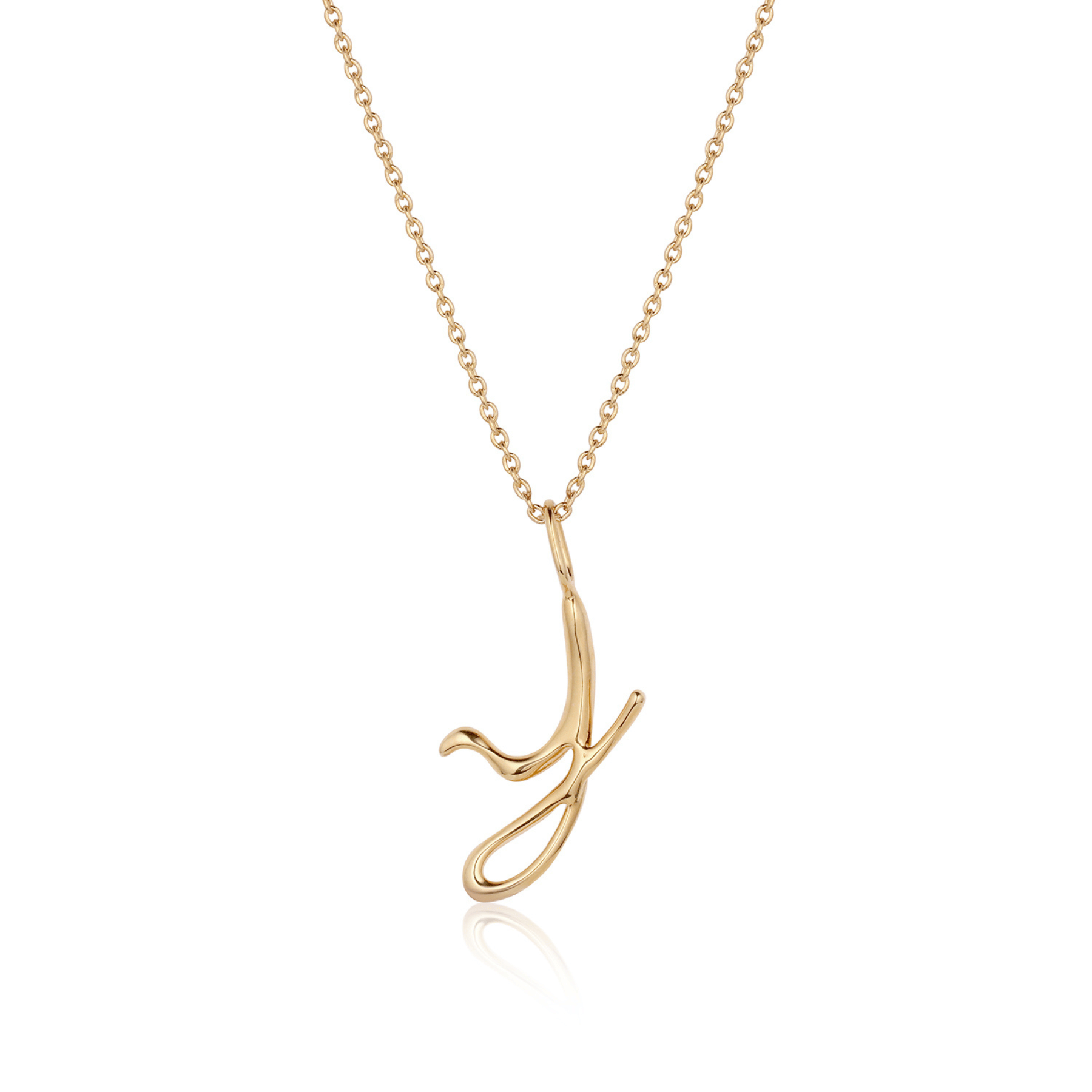 Cursive initial J pendant in 14k gold.