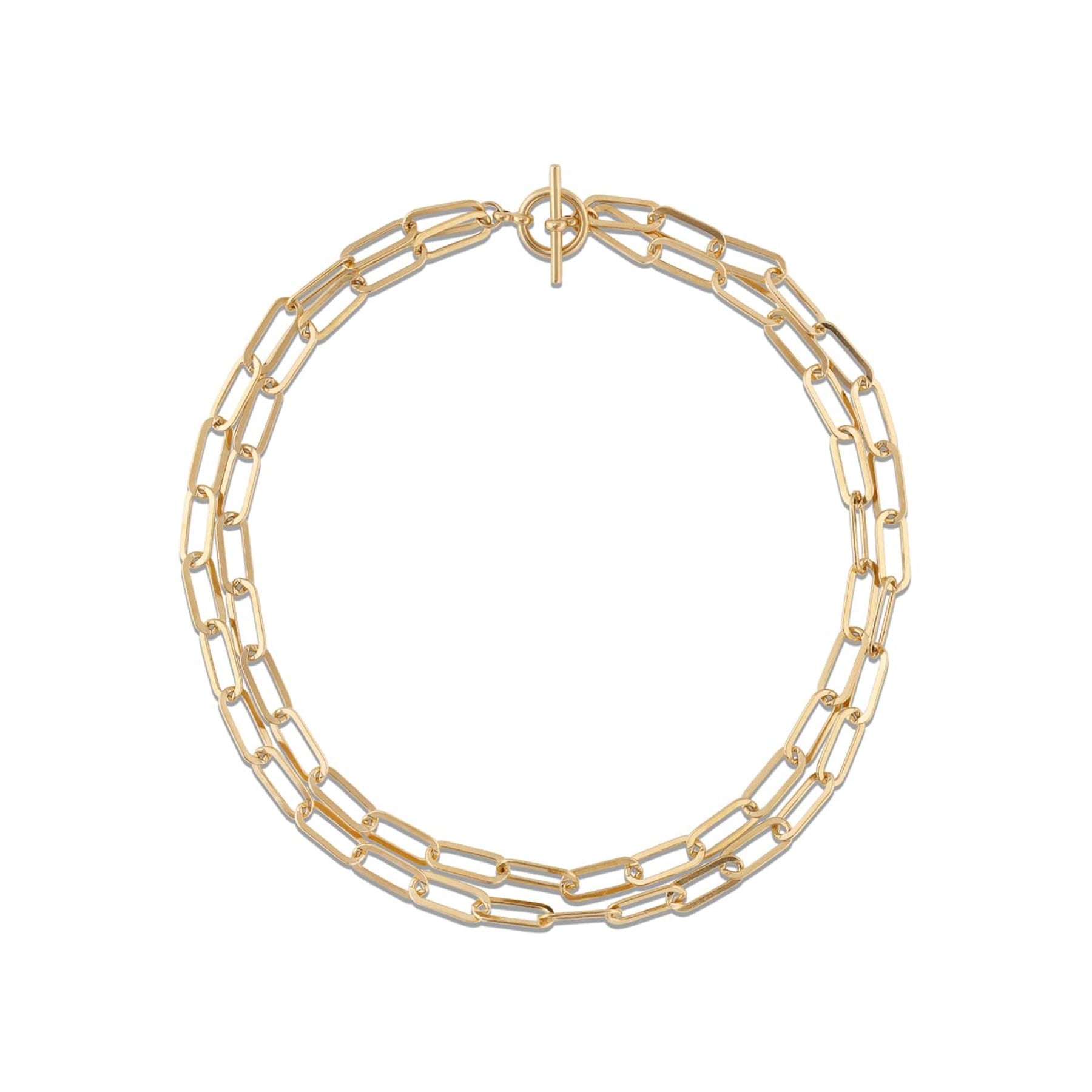 Double layered paperclip chain necklace with toggle clasp in 18k gold vermeil.