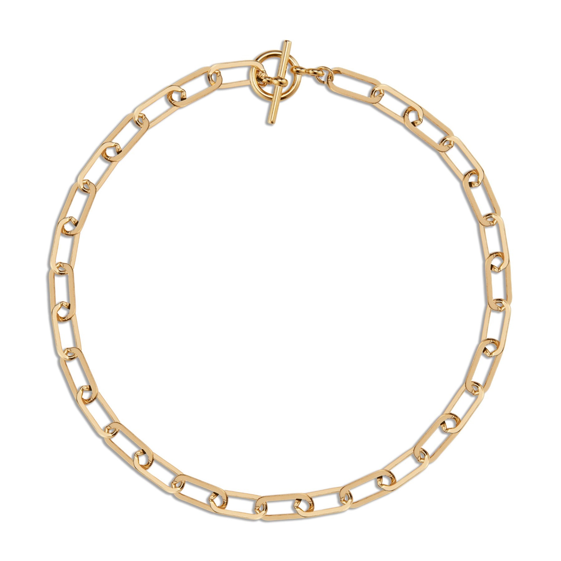 Elongated flat chain link toggle clasp necklace in 18k gold vermeil.