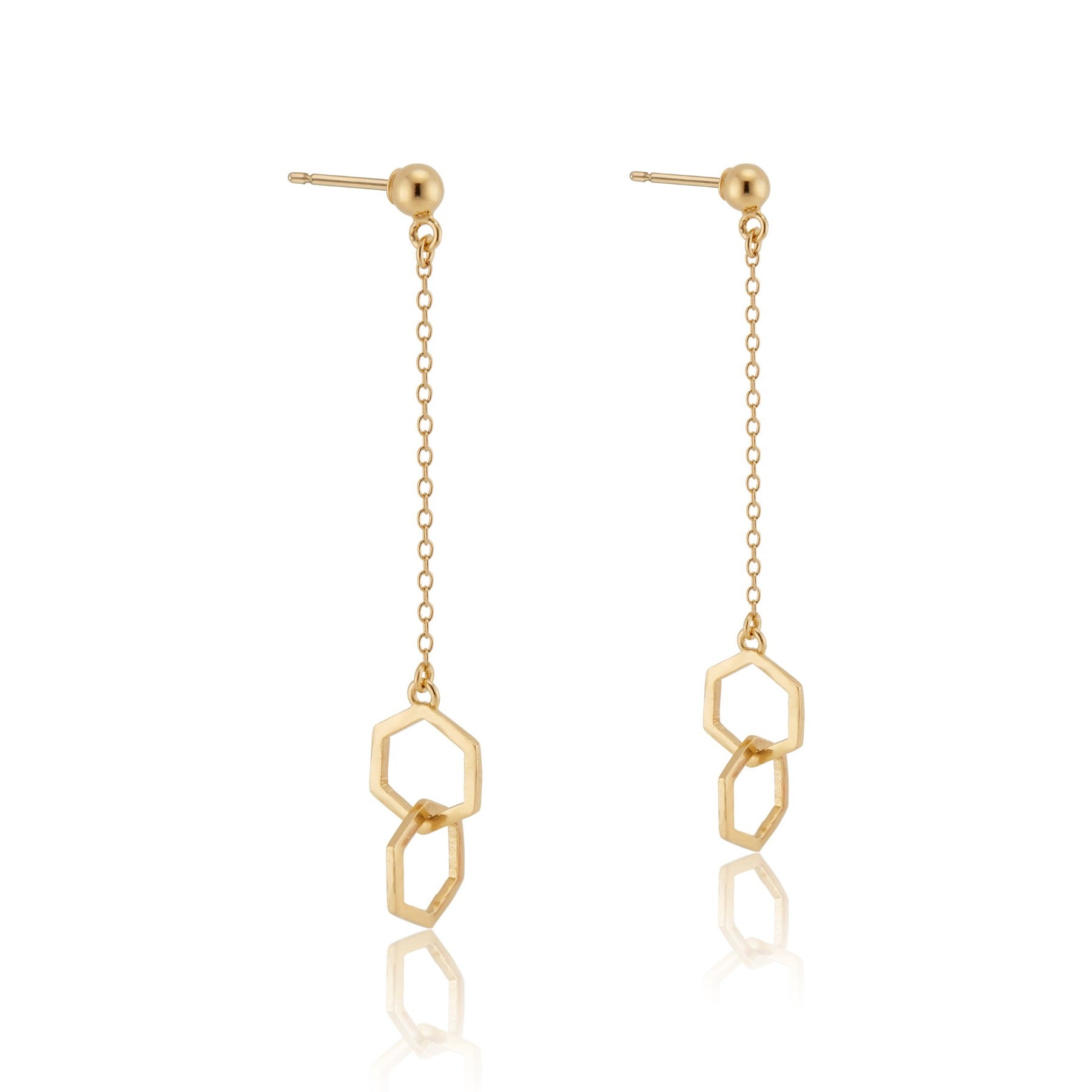 Dangling earrings with delicate chain and interlocking geometric hexagons in 18k gold vermeil.