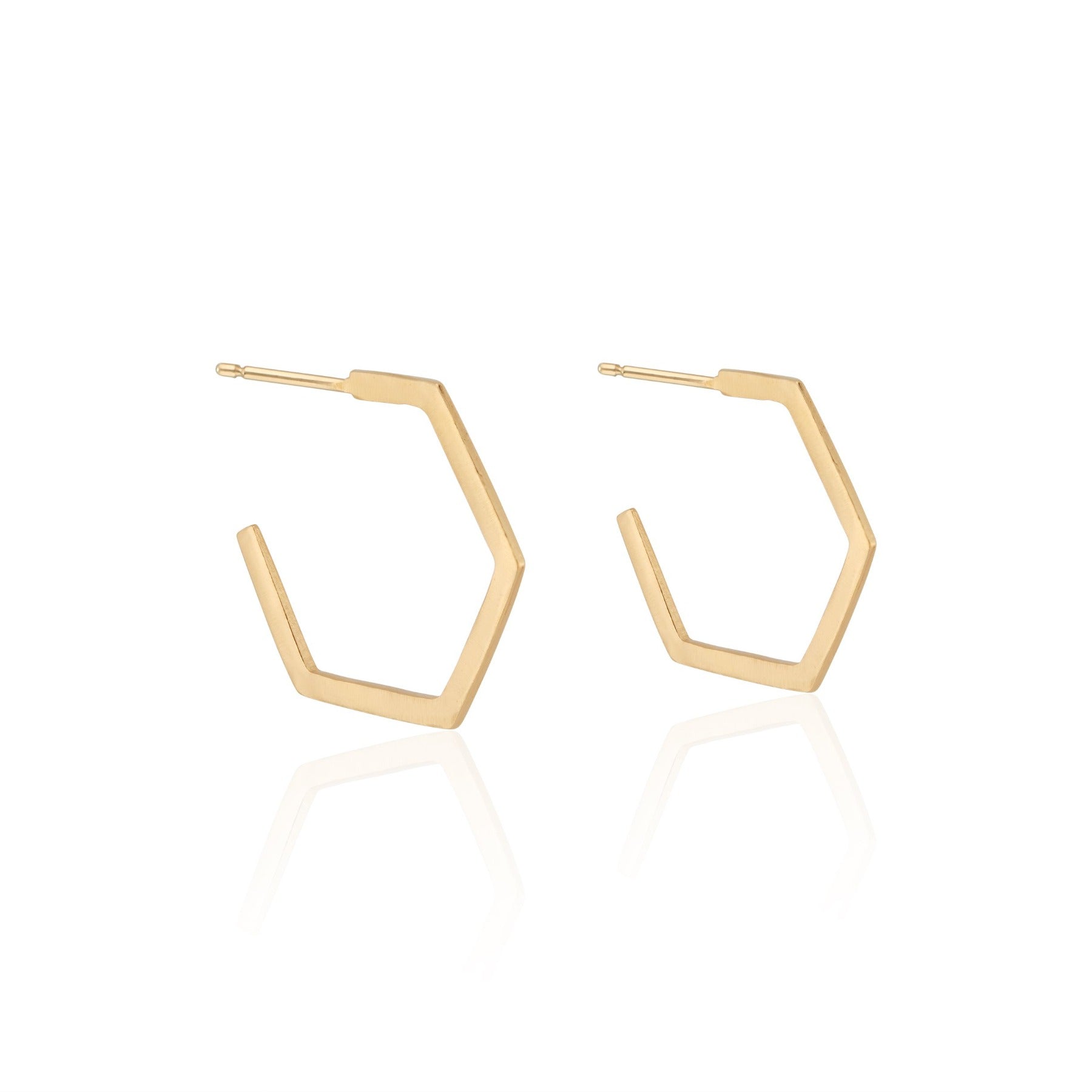 Distressed geometric small hexagon hoop earrings in 18k gold vermeil.