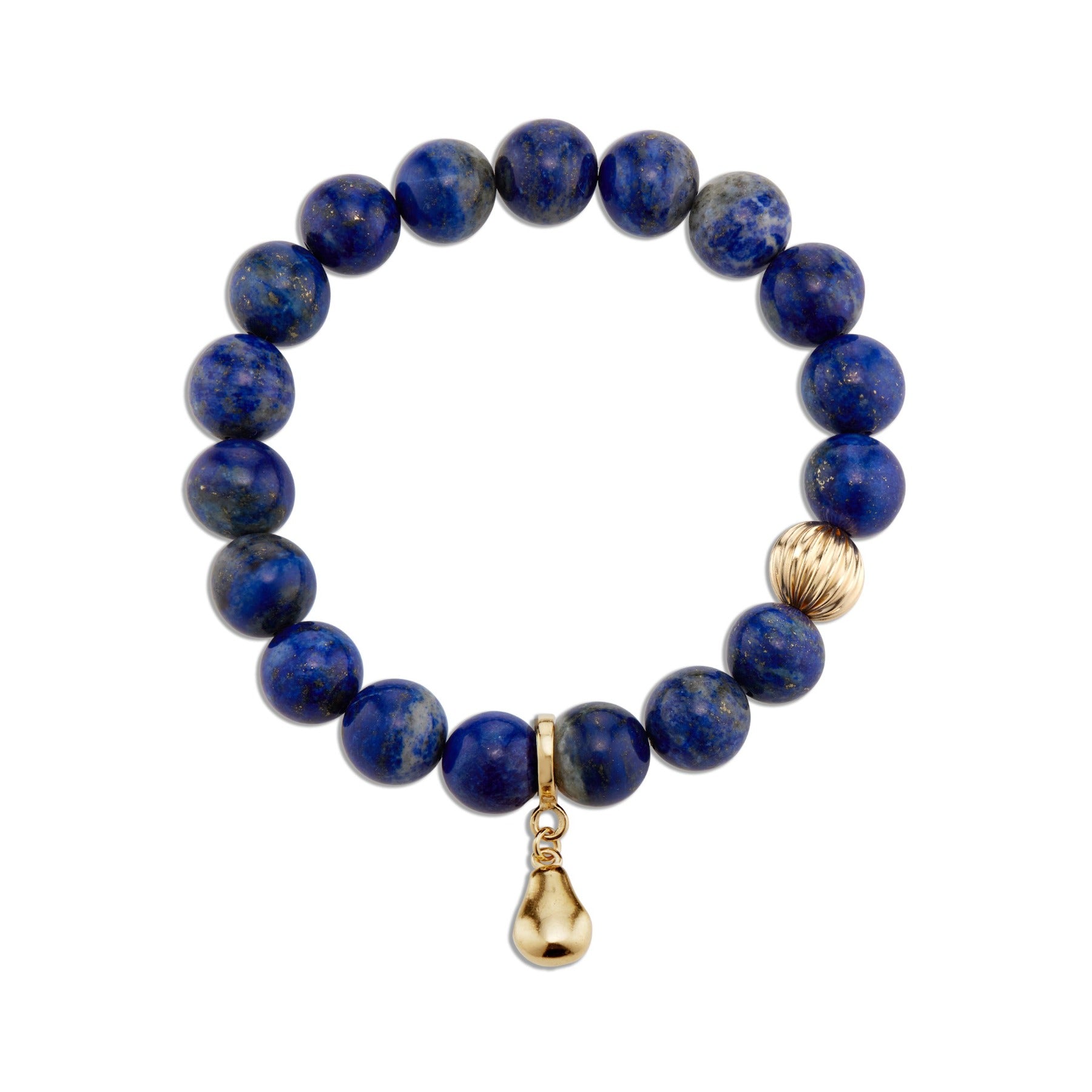 Blue lapis crystal smooth gemstone elastic bracelet with 14k gold corrugated bead and pear charm.