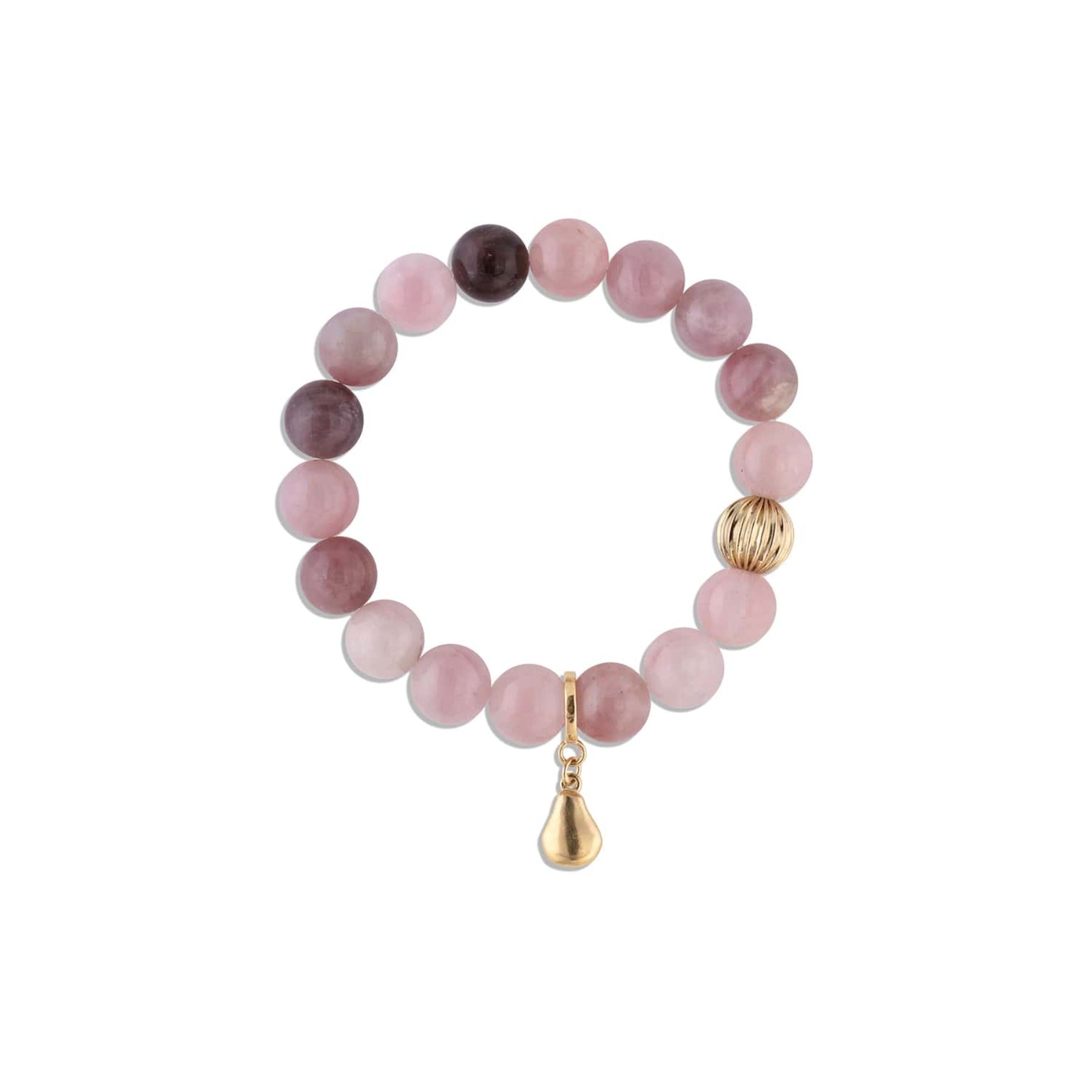 Madagascar lavender rose quartz crystal smooth gemstone elastic bracelet with 14k gold corrugated bead and pear charm.