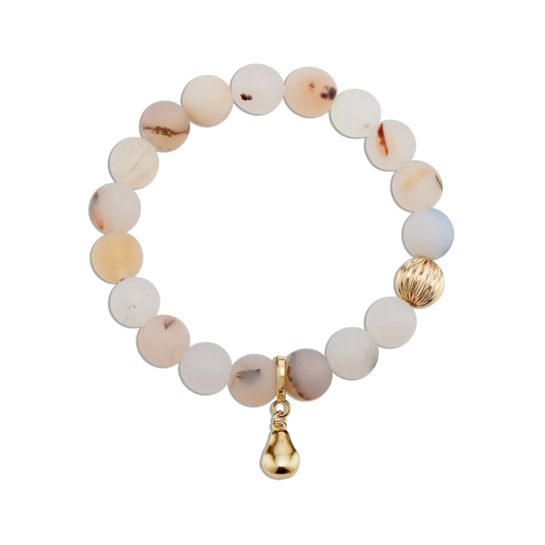 Montana agate crystal smooth gemstone elastic bracelet with 14k gold corrugated bead and pear charm.