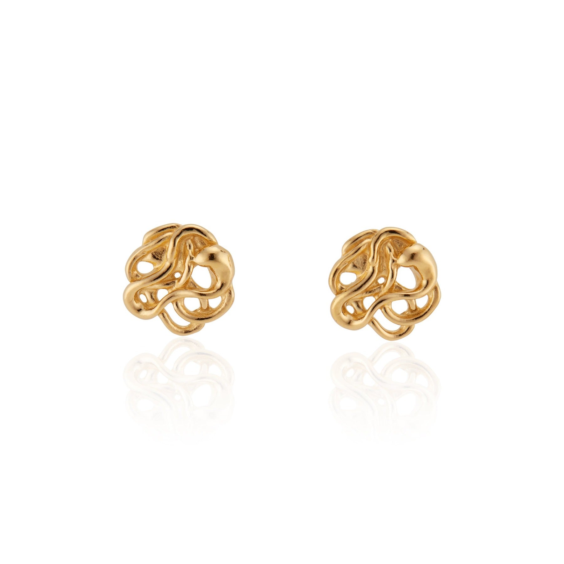Abstract, squiggle dahlia flower stud earrings in 18k gold vermeil.
