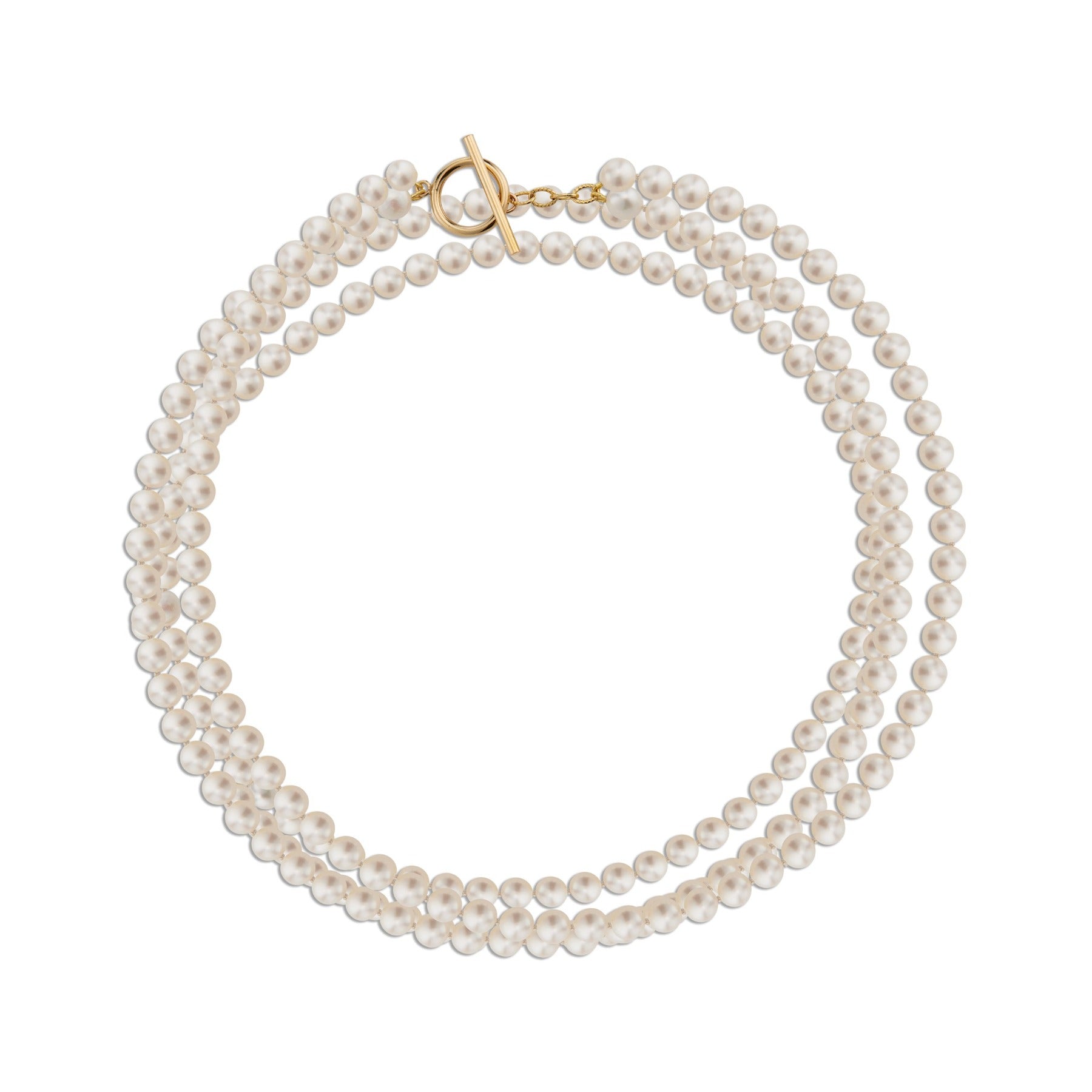 Long opera length button pearl necklace with 14k gold filled toggle clasp.