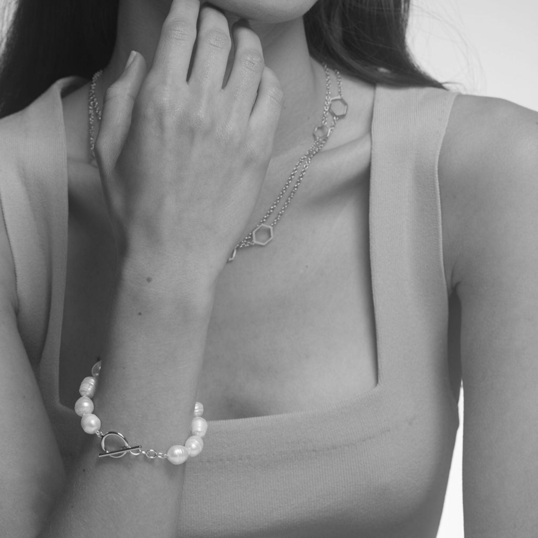 Freshwater cultured potato pearl bracelet with a 14k gold-filled toggle clasp.