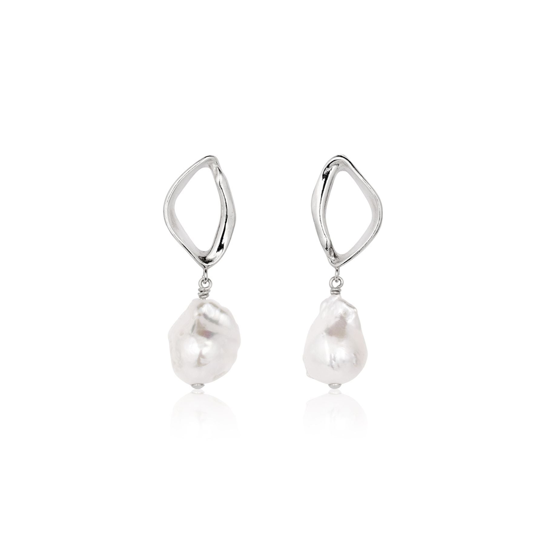Abstract earrings in sterling silver with a baroque pearl drop.