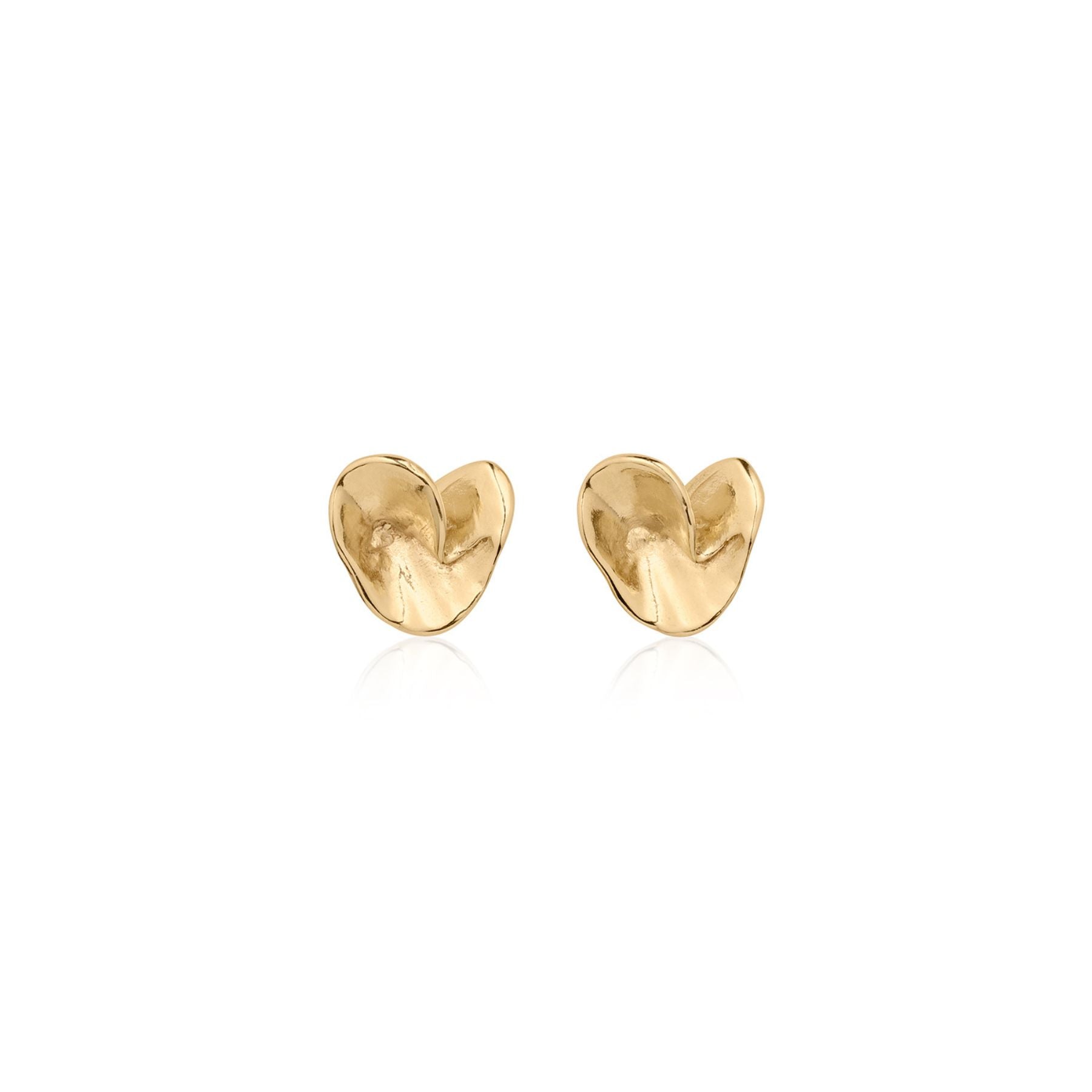 Organically textured folded heart stud earrings in 14 karat yellow gold