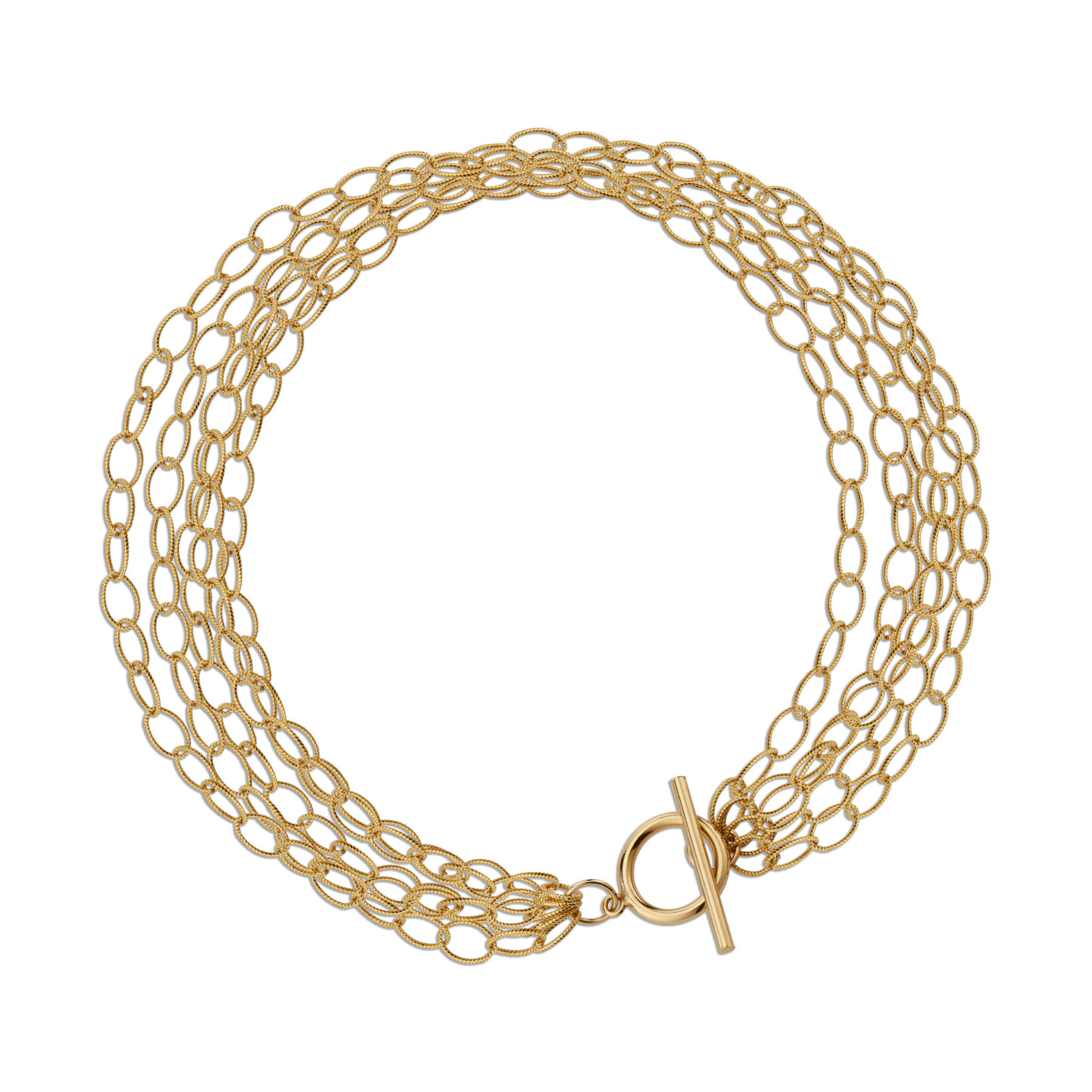 Delicate 14k gold filled multi-chain choker with toggle clasp.
