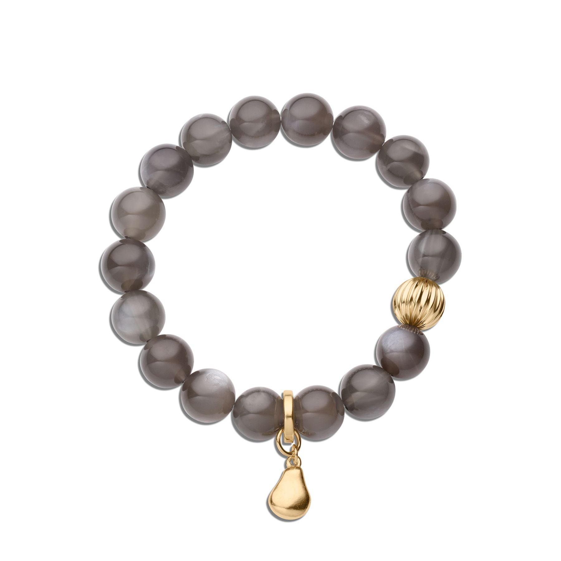Black moonstone crystal bracelet with gold corrugated bead and gold pear charm