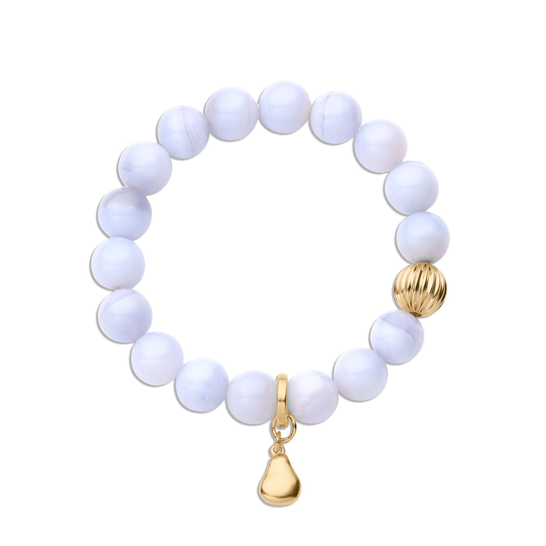 Beaded bracelet with blue agate crystals, gold corrugated bead, and gold pear charm.