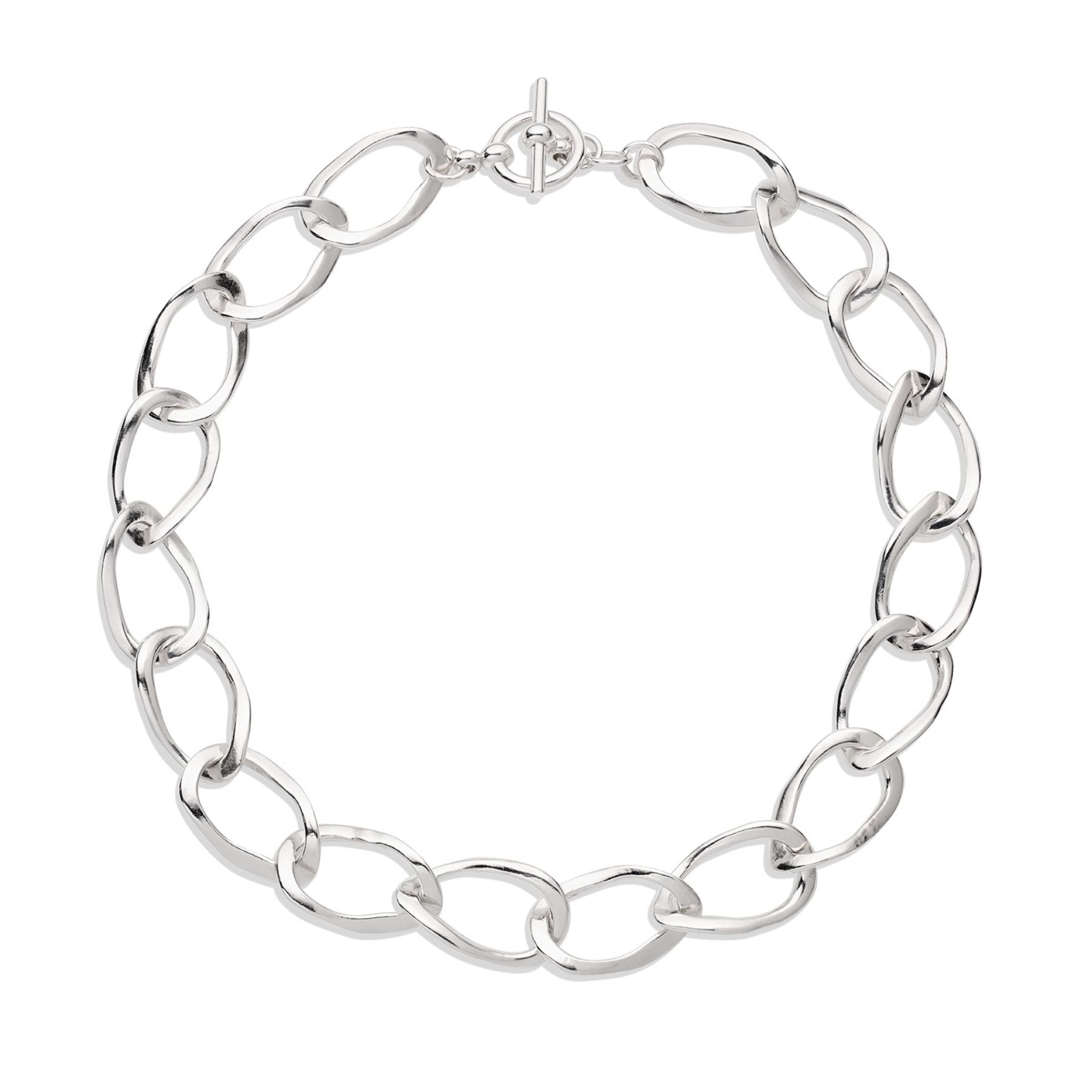 Chunky sculptural necklace with a toggle clasp in sterling silver.