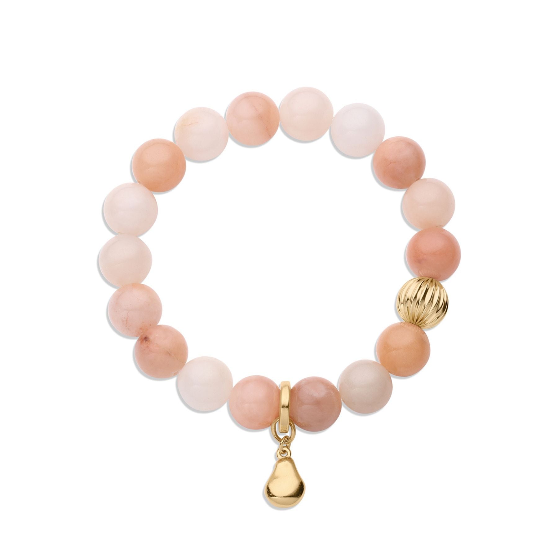 Peach aventurine beaded bracelet with gold corrugated bead and pear charm.