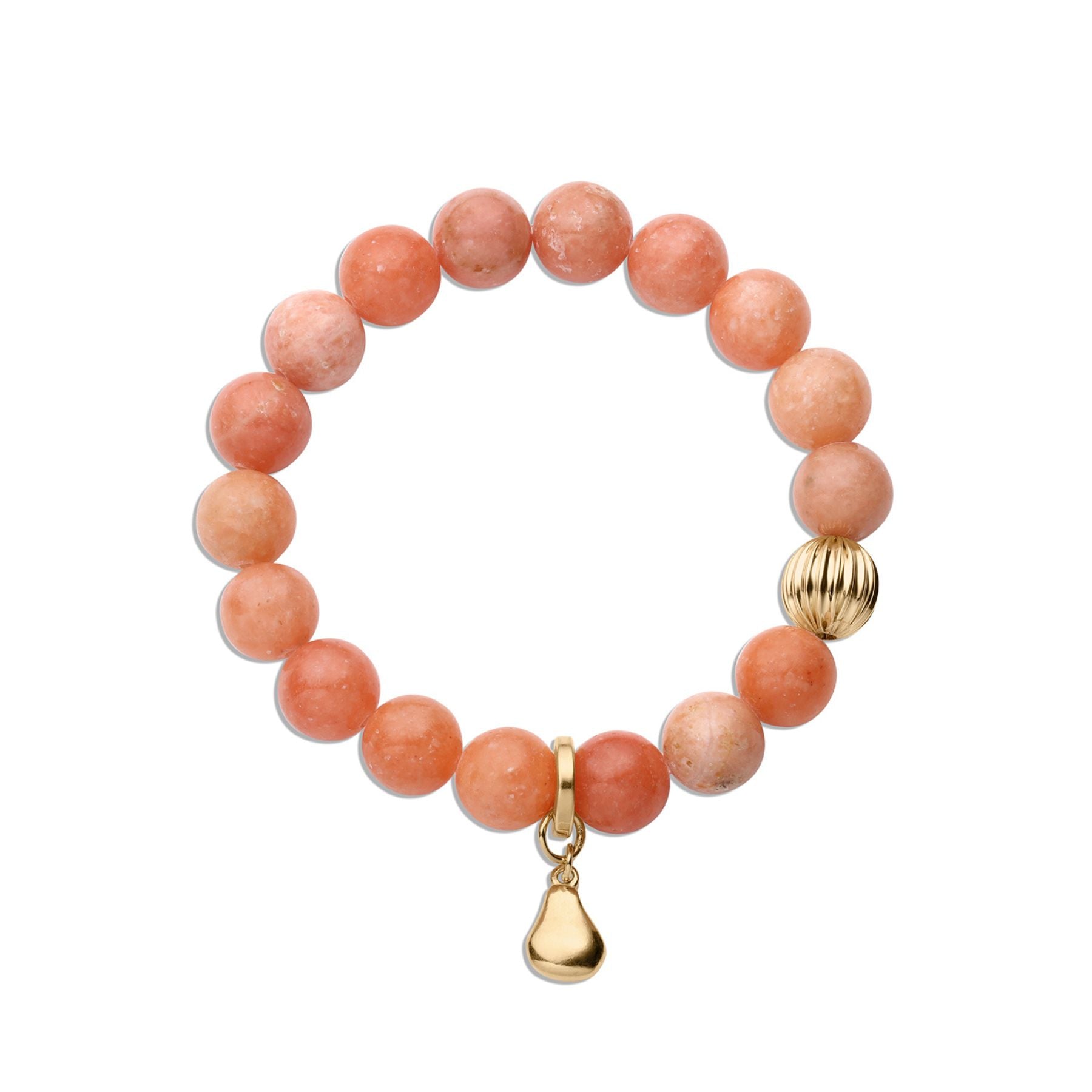 Peach calcite beaded bracelet with gold corrugated bead and pear charm.