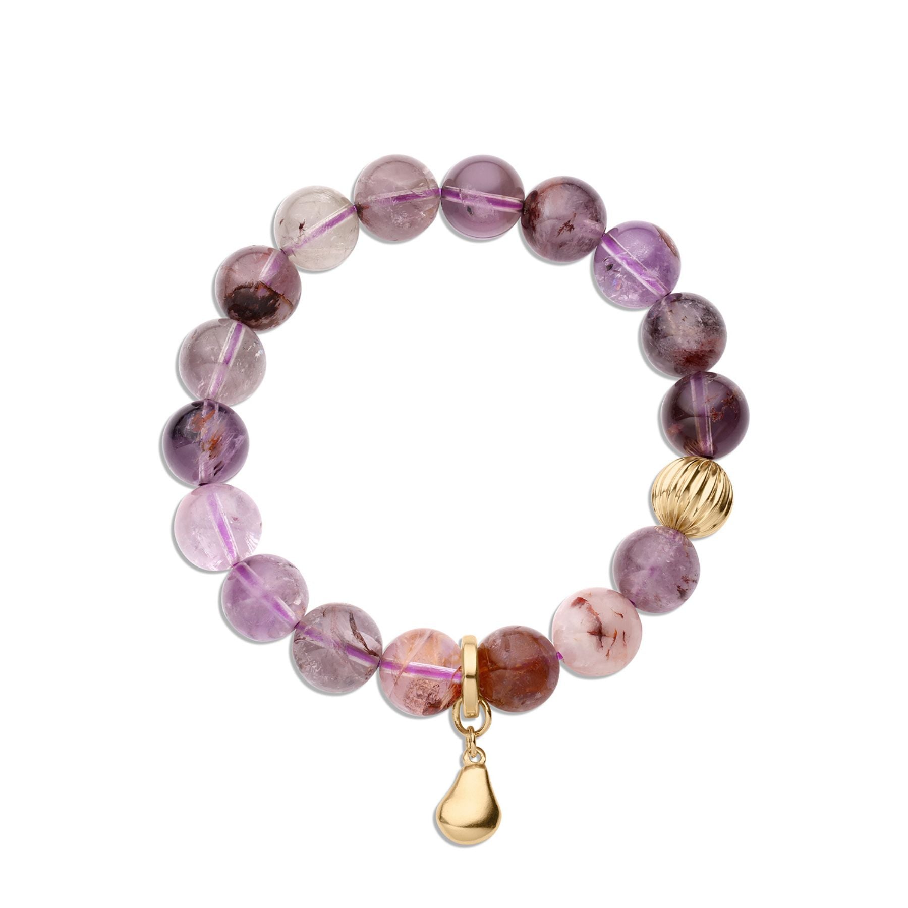 Phantom amethyst beaded bracelet with gold corrugated bead accent and pear charm