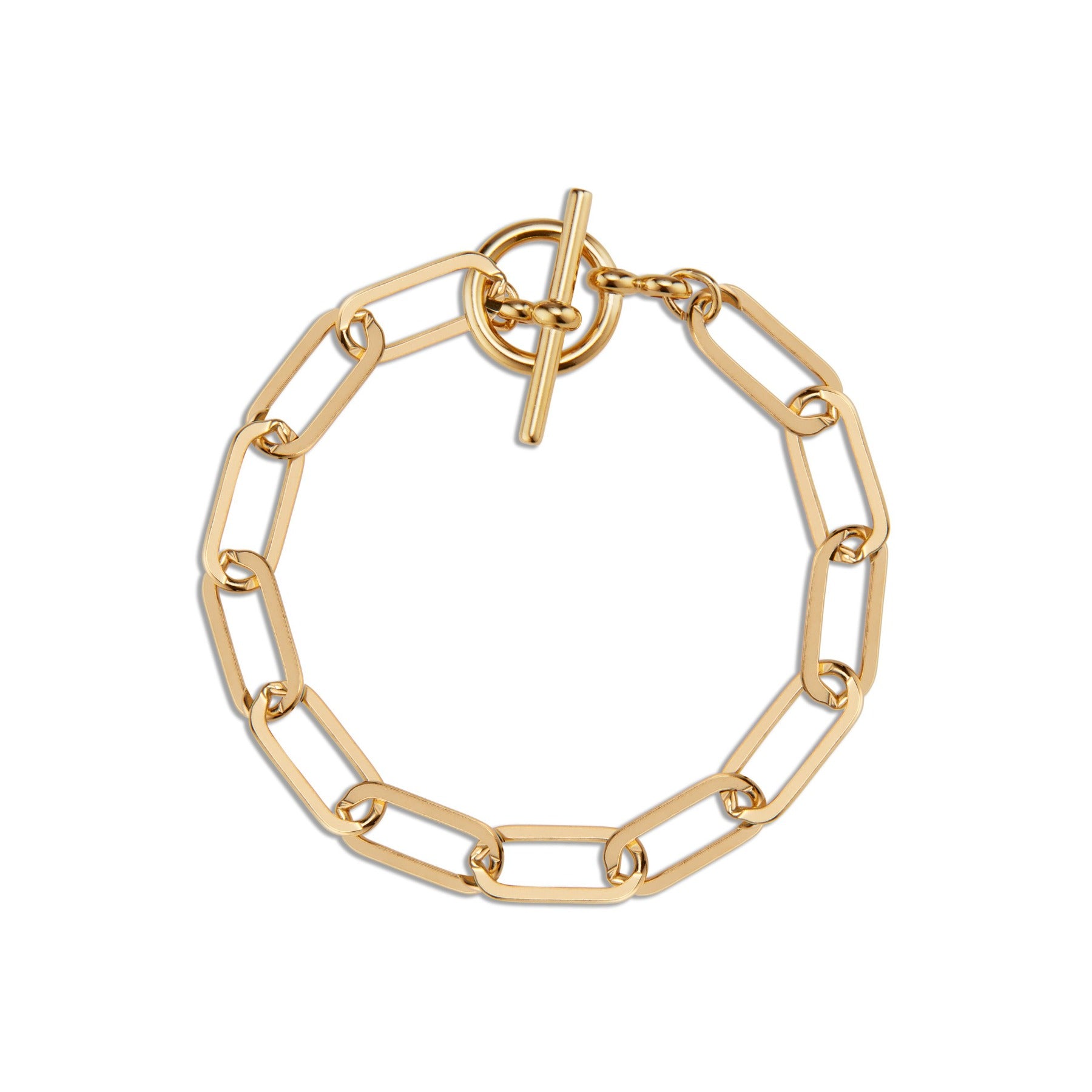 Elongated flat chain link toggle clasp bracelet in 18k gold vermeil.