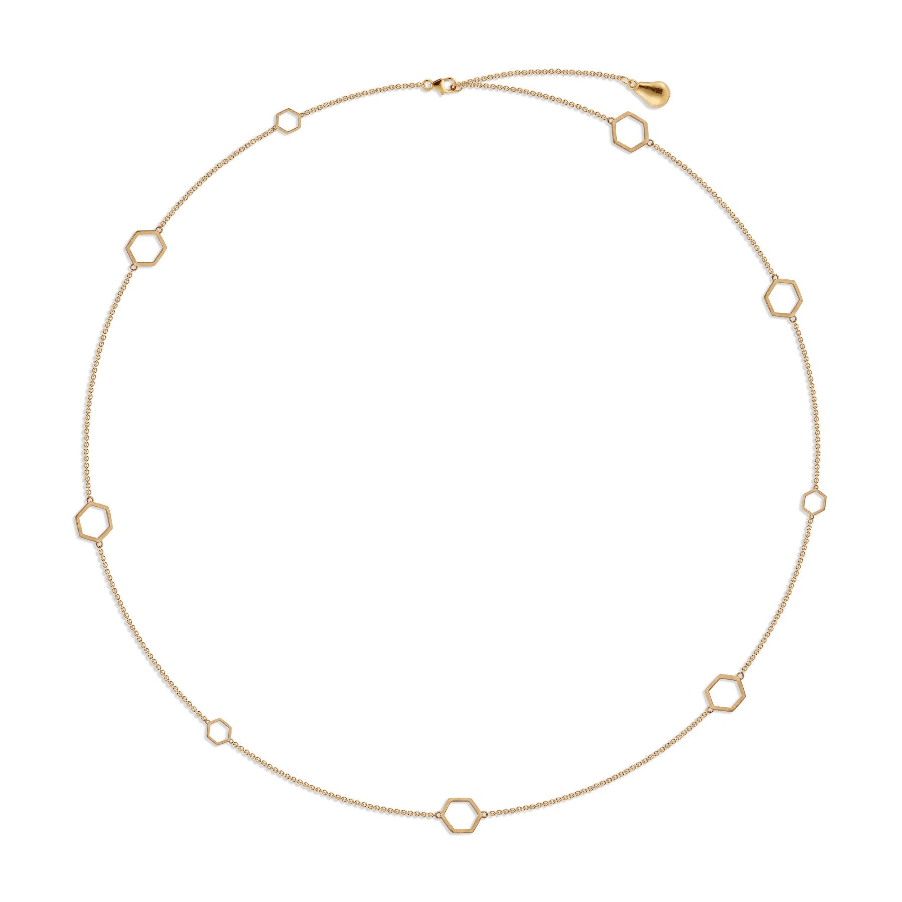 Long necklace with nine geometric hexagons stationed on a chain with a pear charm in 18k gold vermeil.