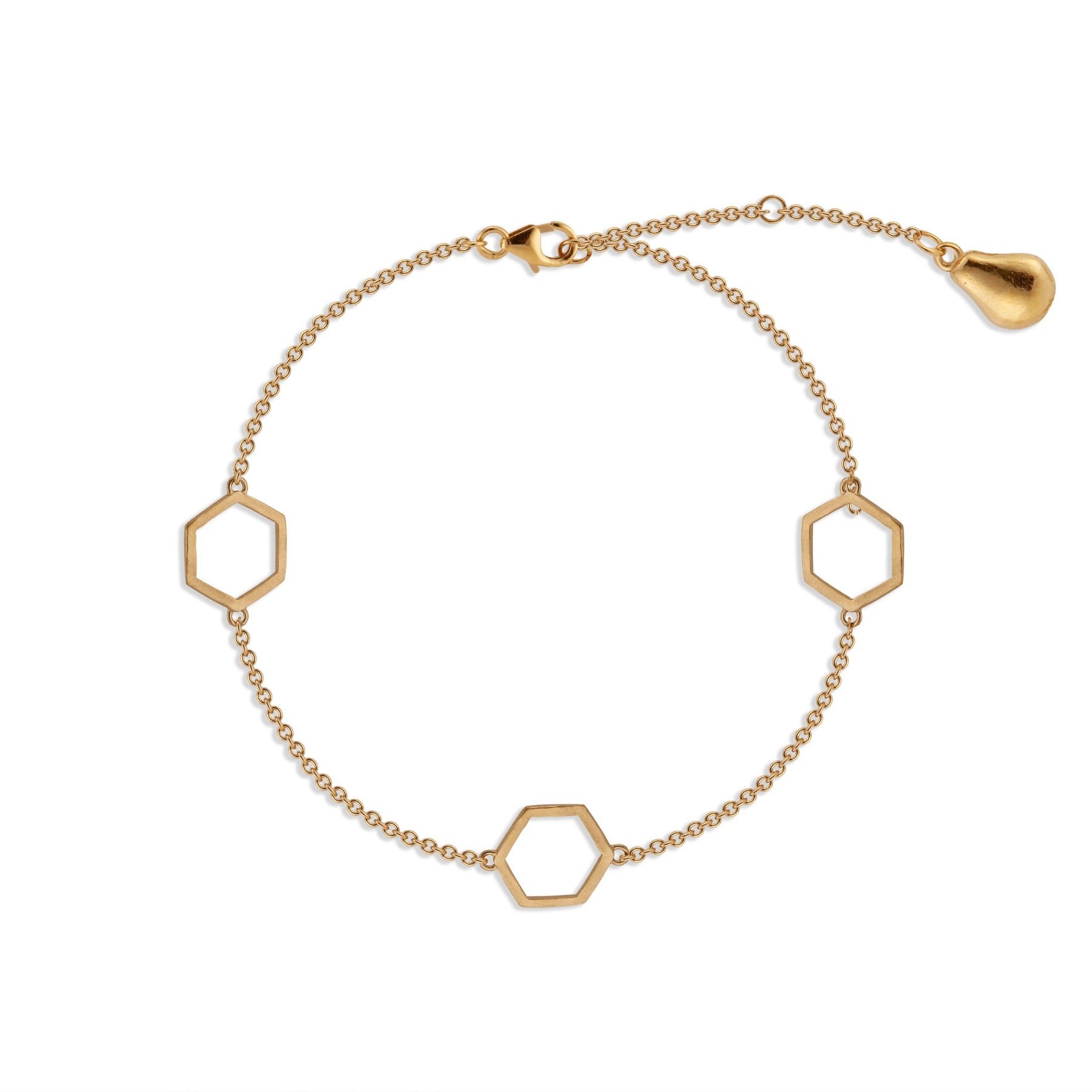 Delicate chain bracelet with three geometric hexagons and gold pear charm in 18k gold vermeil.