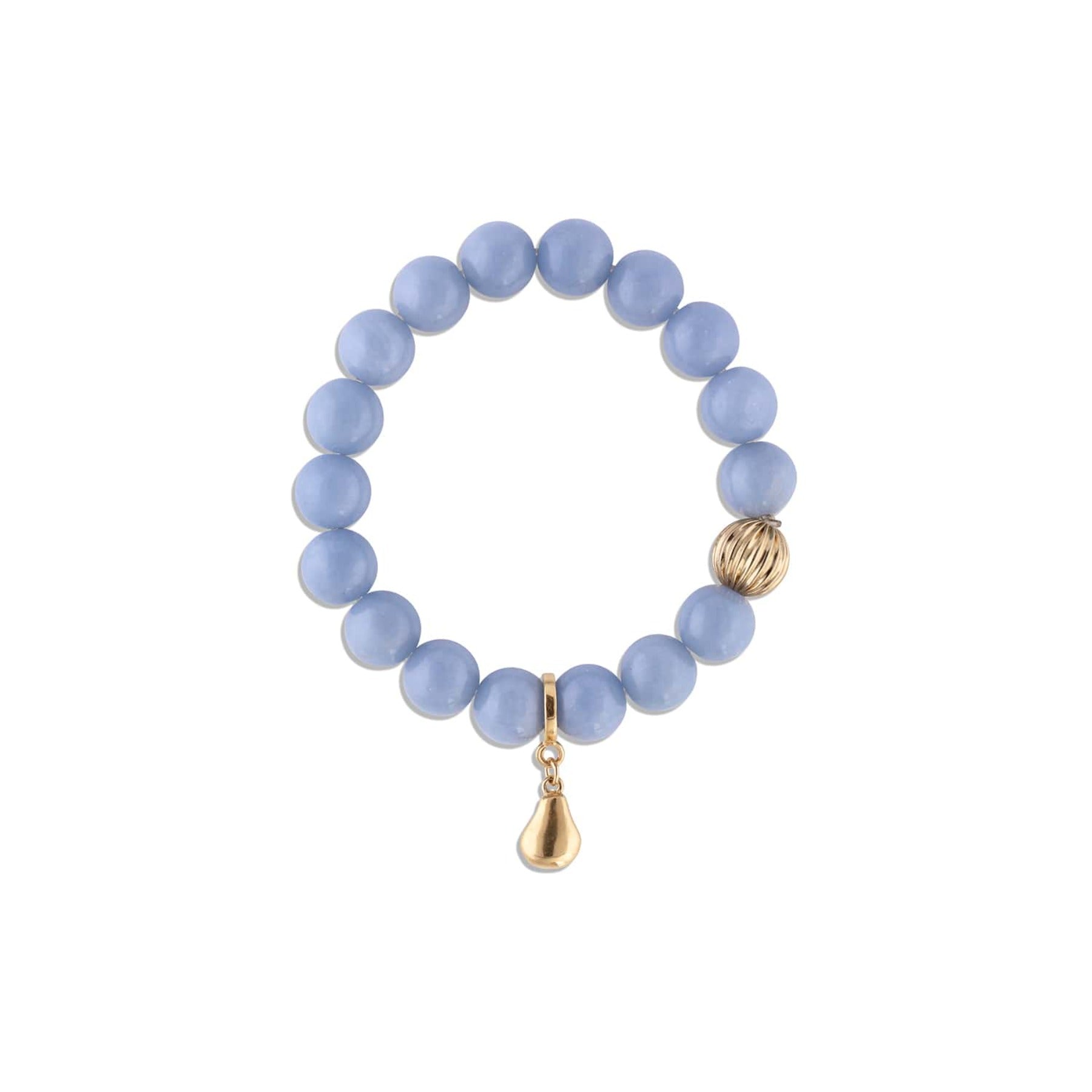 Light blue angelite crystal smooth gemstone elastic bracelet with 14k gold corrugated bead and pear charm.