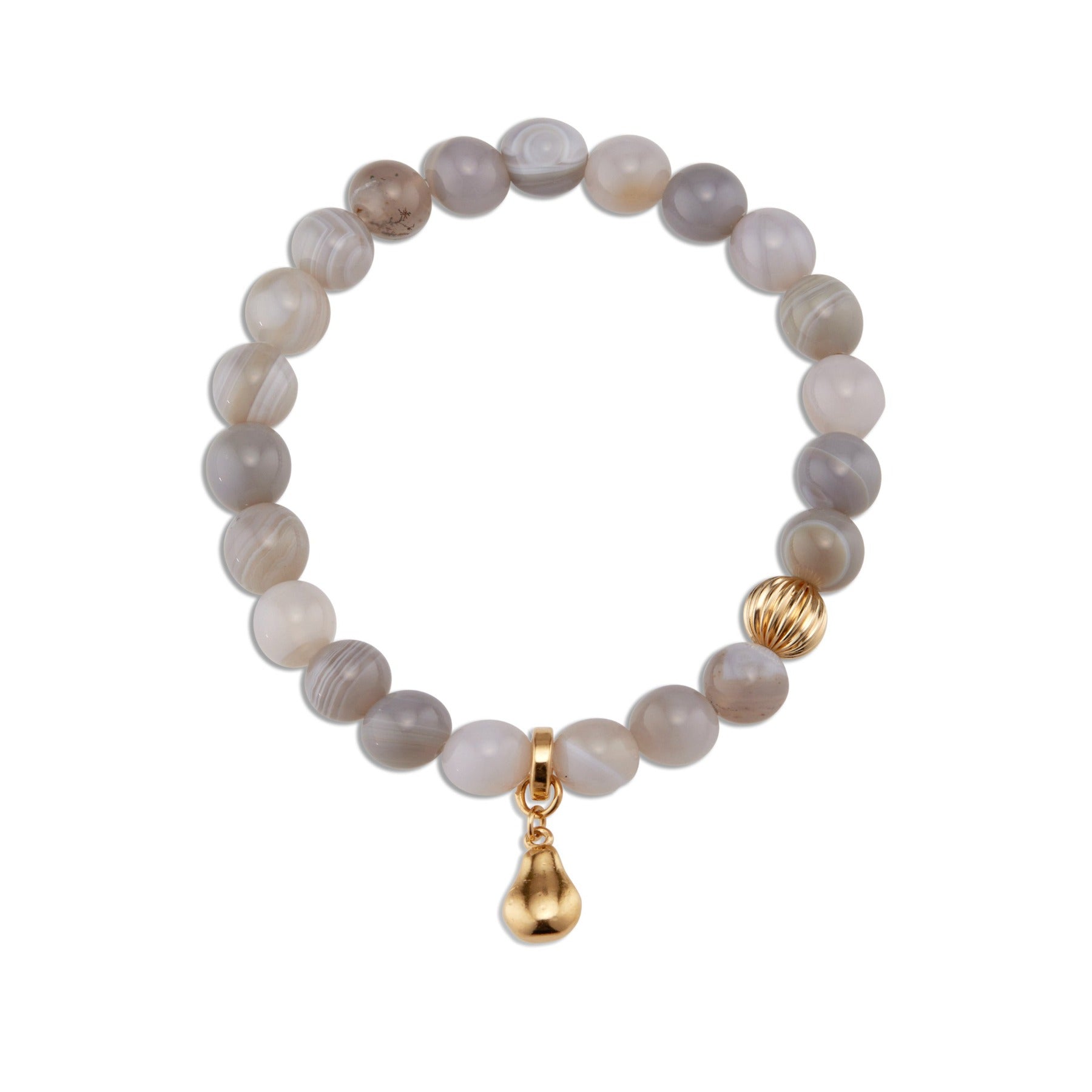 Grey banded agate crystal smooth gemstone elastic bracelet with 14k gold corrugated bead and pear charm.