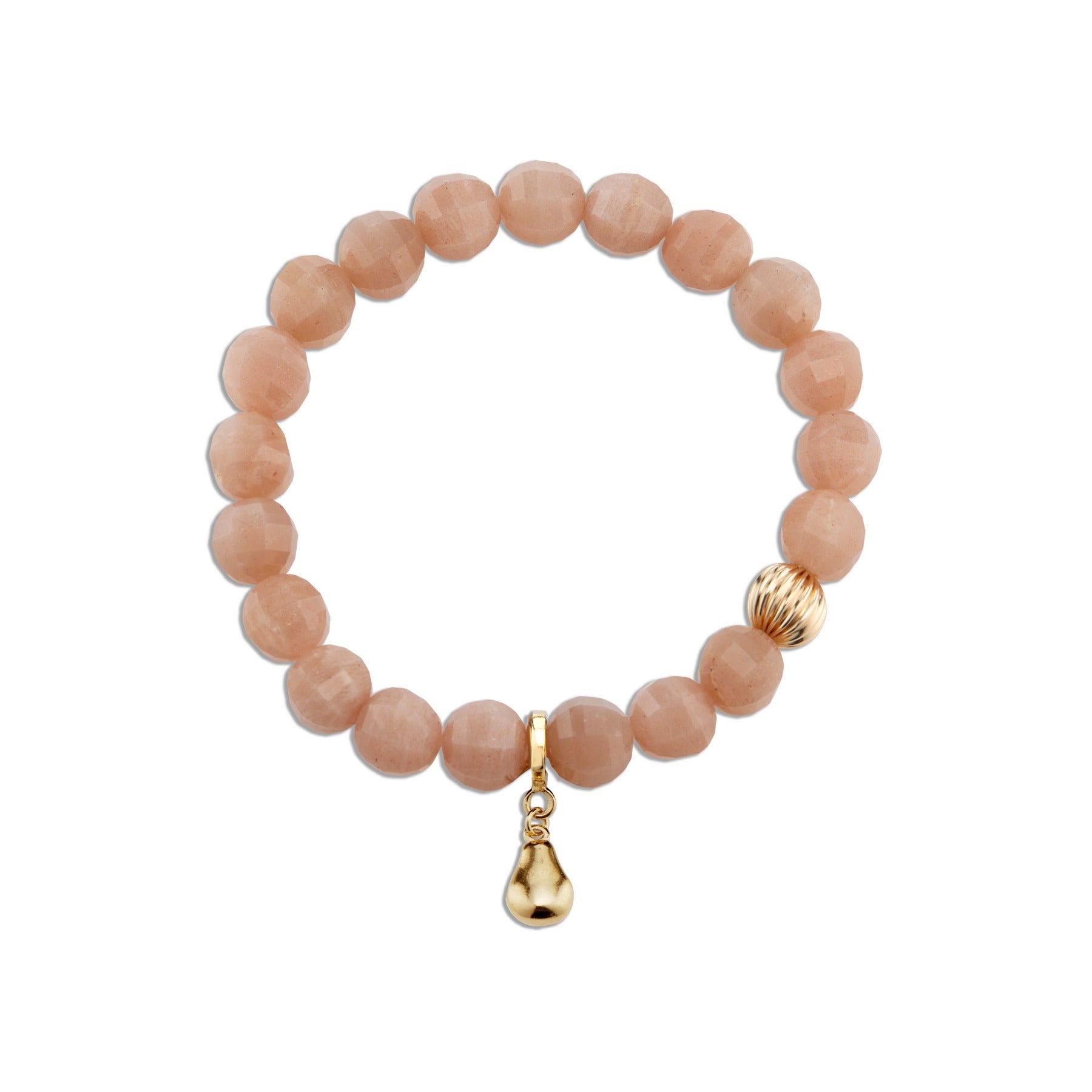 Peach moonstone crystal faceted gemstone elastic bracelet with 14k gold corrugated bead and pear charm.