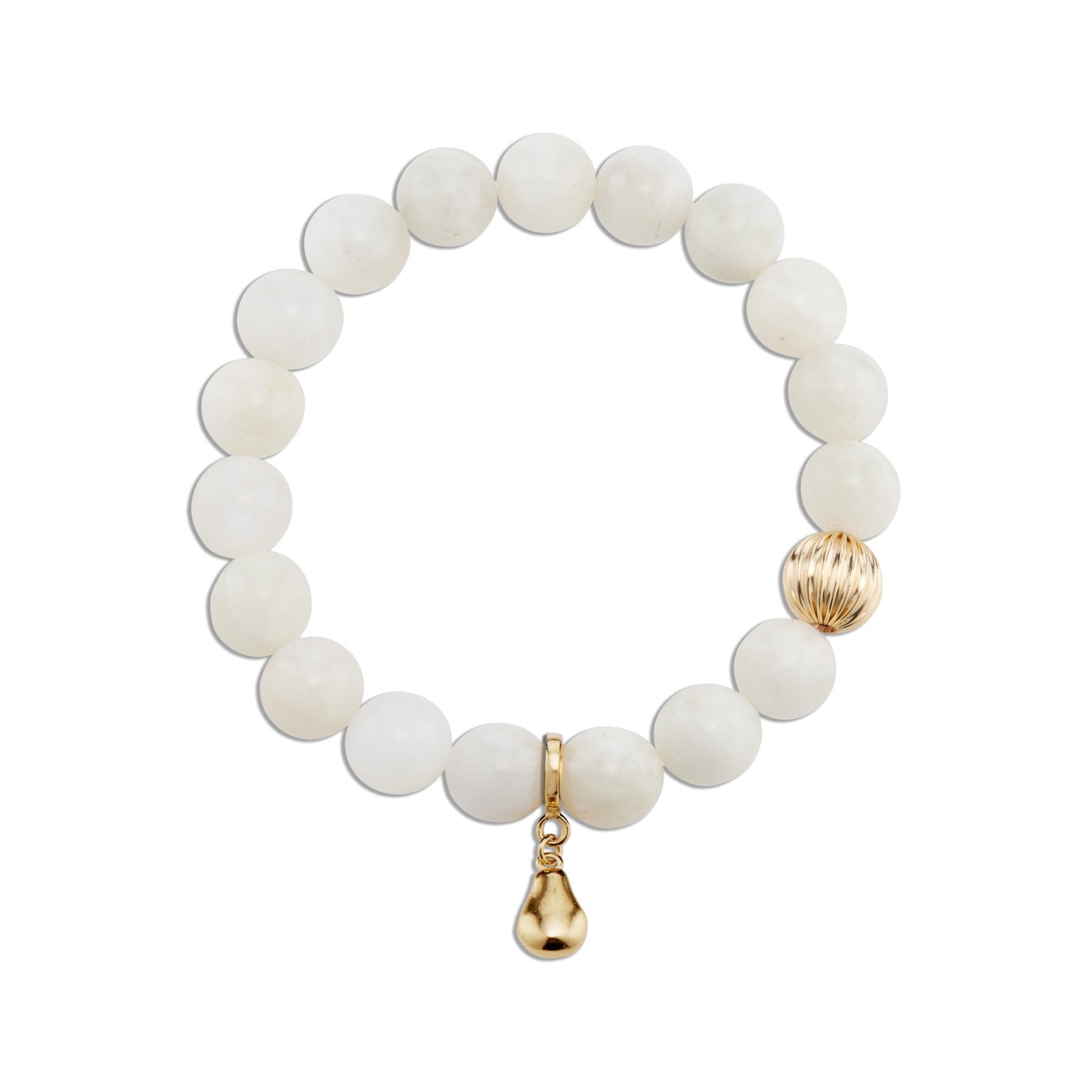 White moonstone smooth crystal gemstone elastic bracelet with 14k gold filled textured bead and pear charm.