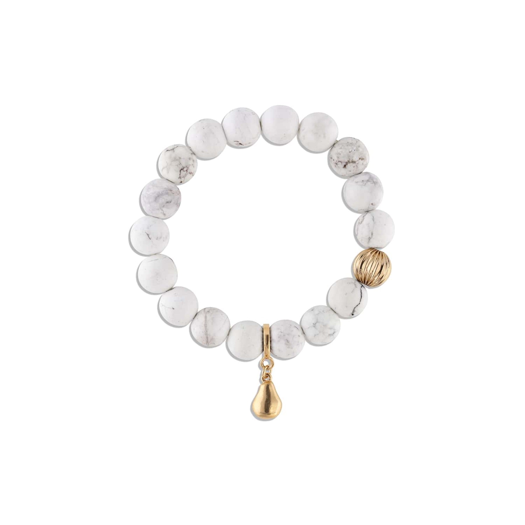 White turquoise crystal smooth gemstone elastic bracelet with 14k gold corrugated bead and pear charm.