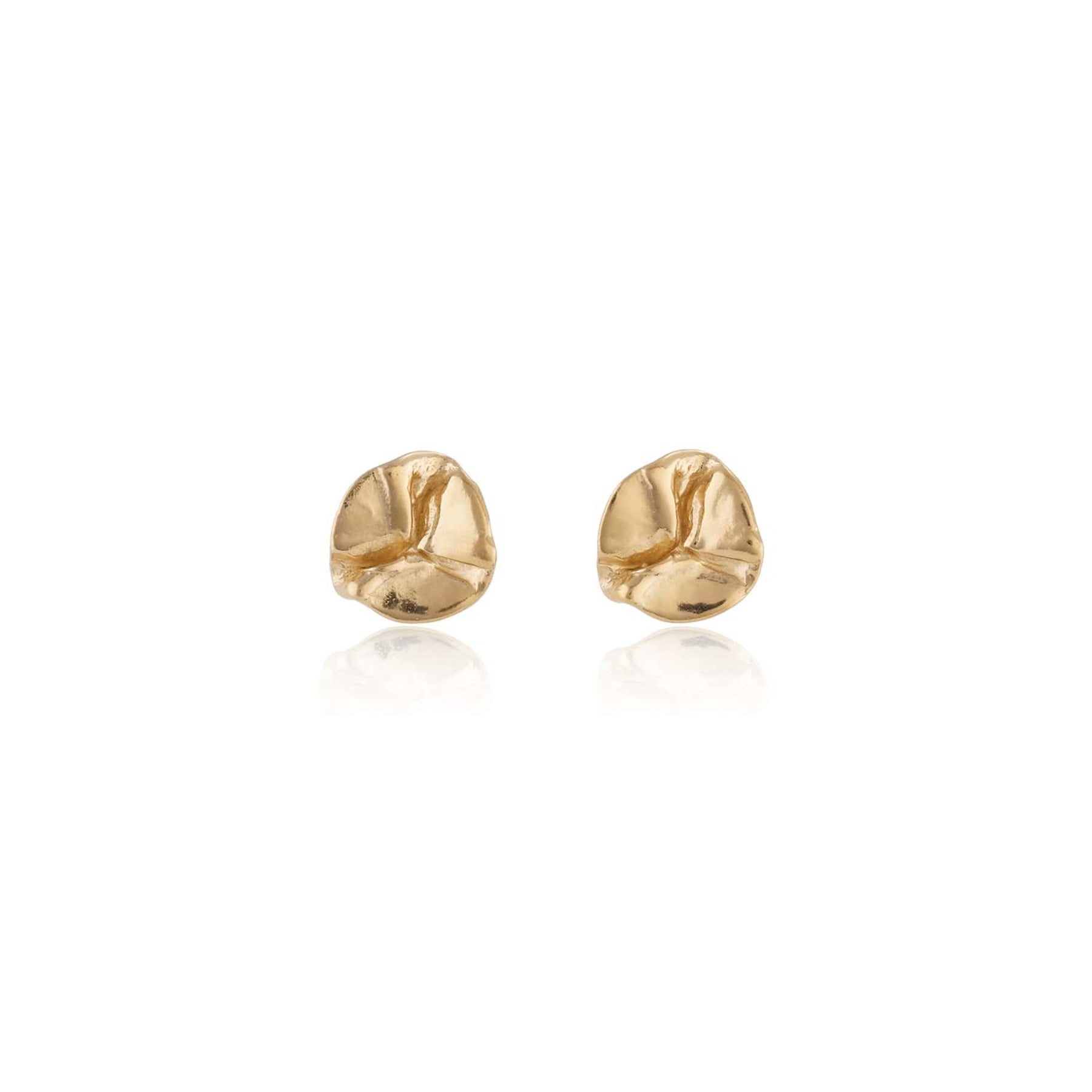 Small abstract round studs with a sculptural, creased design inspired by water lilies in 18k gold vermeil.