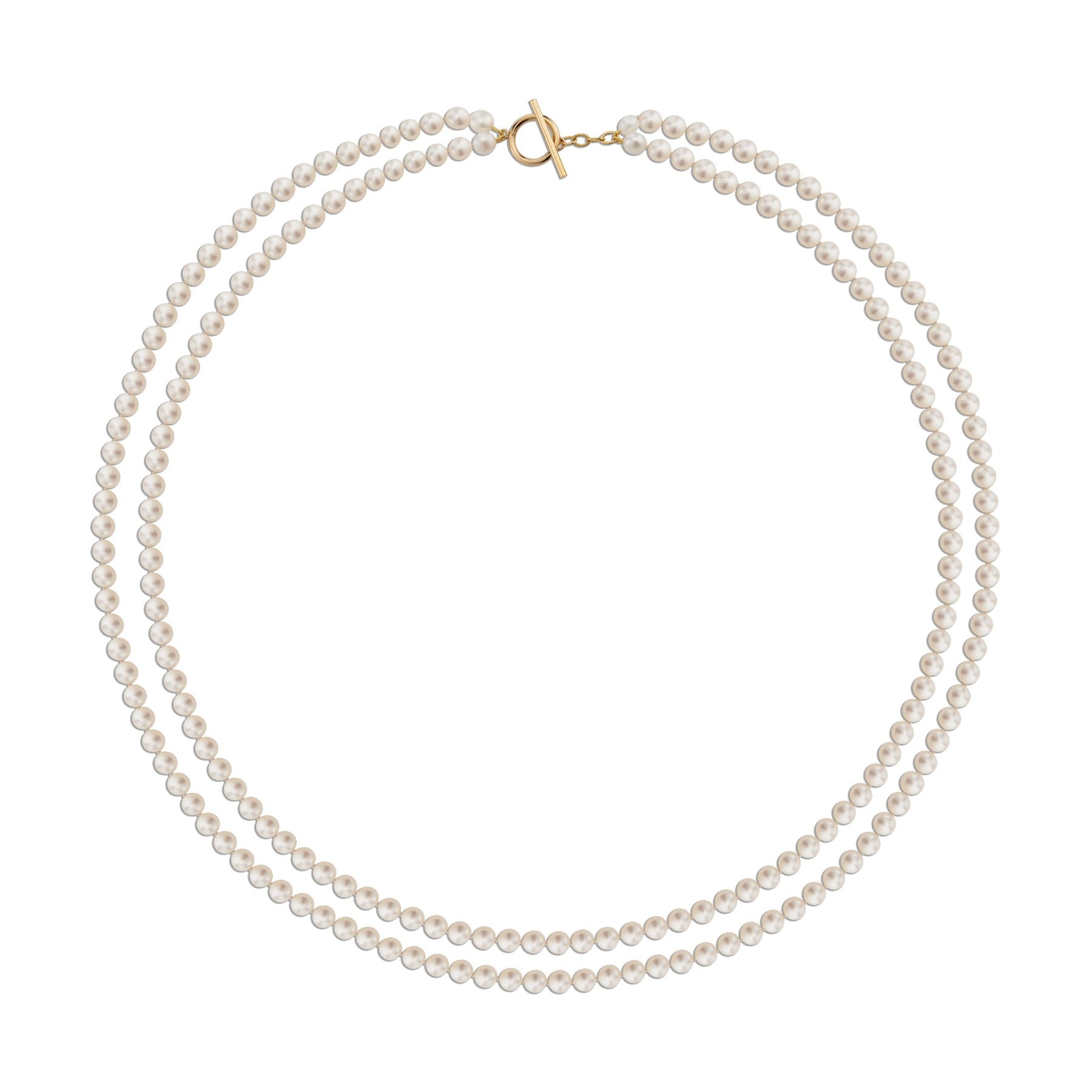 Long opera length button white pearl necklace with 14k gold filled toggle clasp.