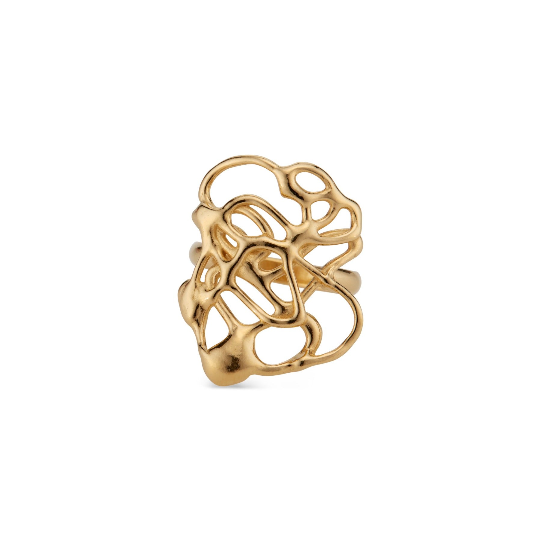 Front view of abstract, squiggle statement cocktail ring in 18k gold vermeil.