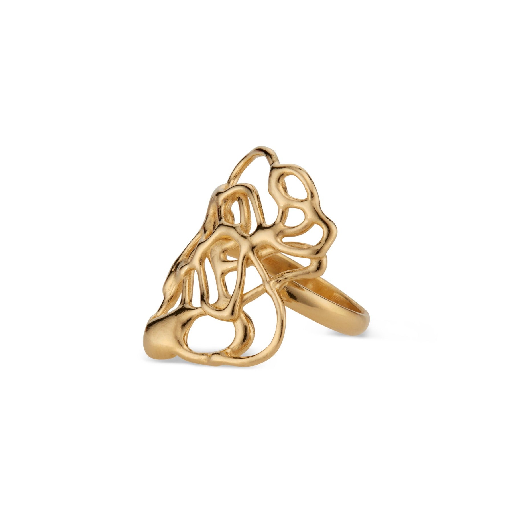 Side view of abstract, squiggle statement cocktail ring in 18k gold vermeil.