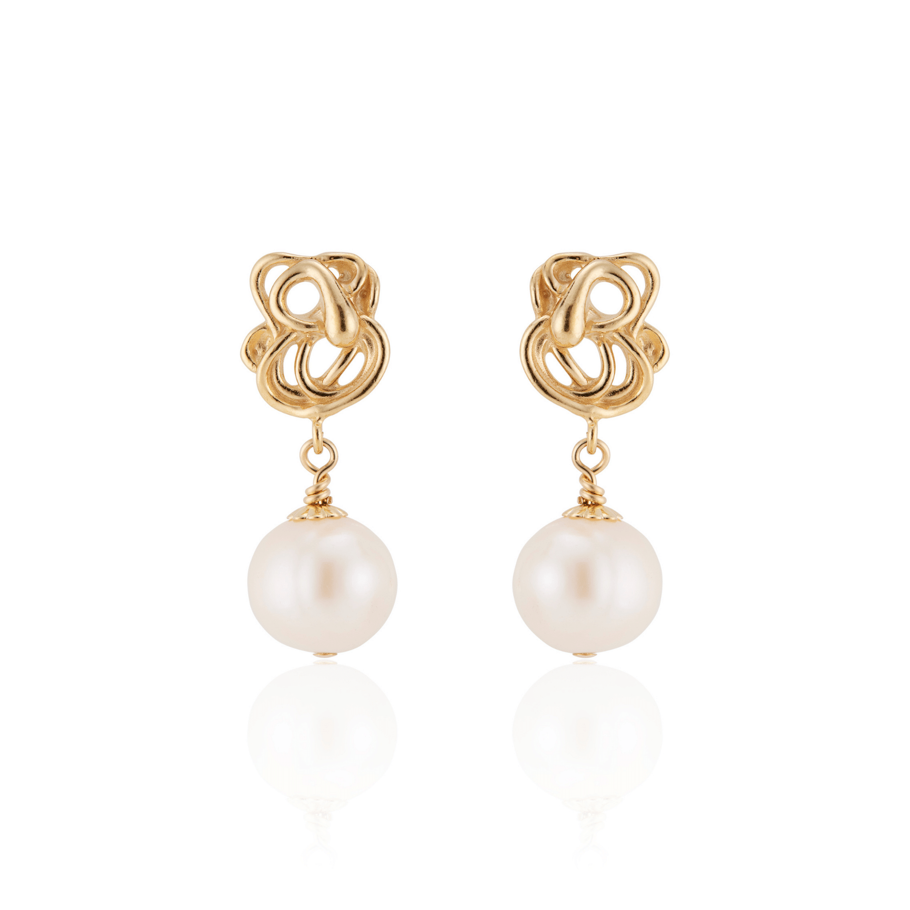 Abstract squiggle drop earrings in 18k gold vermeil with cultured freshwater pearl drops.