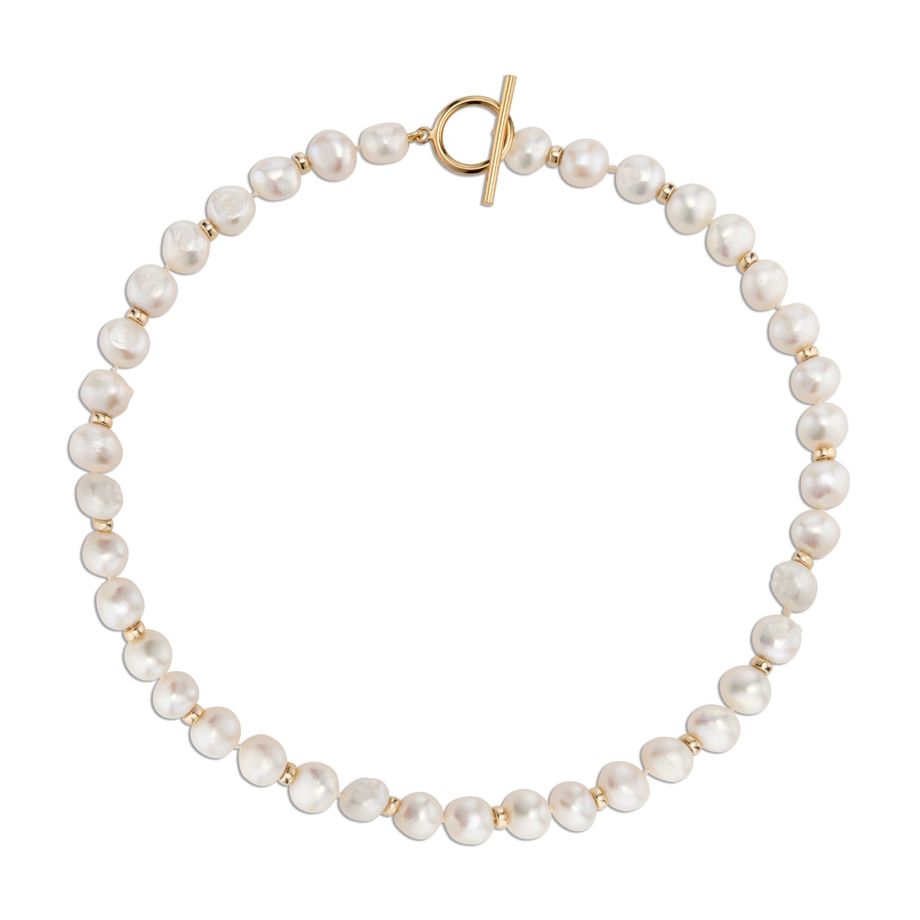 Pearl necklace with gold beads and 14k toggle clasp.