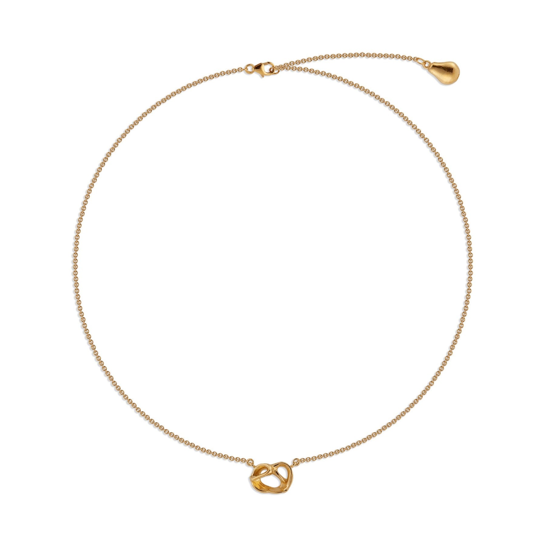 Organically shaped pretzel pendant on delicate chain with pear charm in 18k gold vermeil.
