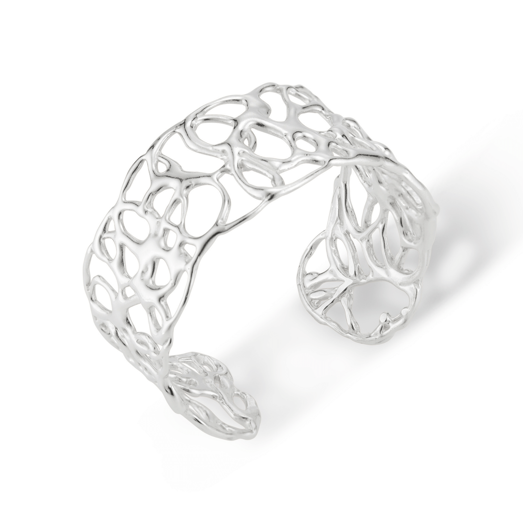 Abstract squiggle wide cuff bracelet in sterling silver.