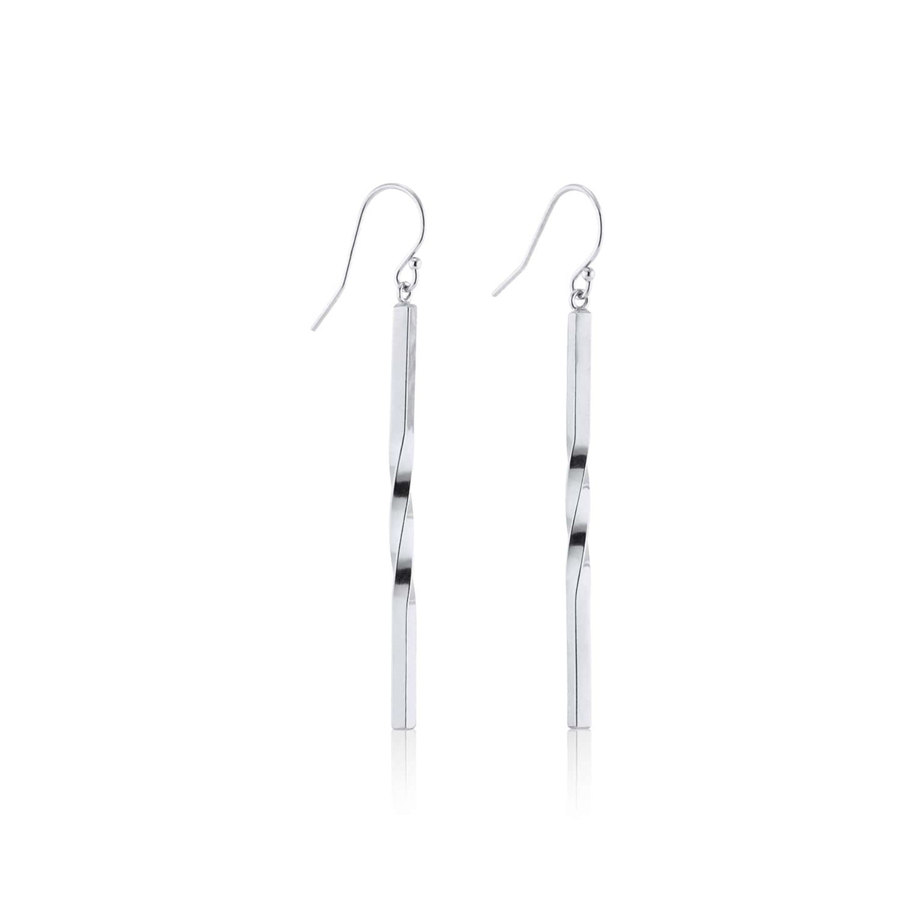 Minimalist vertical bar-shaped earrings with a single twist in the center and a fish hook ear wire in sterling silver.